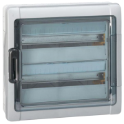 Plastkilp Plexo³, 2x 18M, 90A 400VAC, PEN 22, 22, reinforced polystyrene, PC, -25..40°C, incl. 16 cable glands, UV-stable, HF, cl. II, IP65 IK09, kirgas, hall