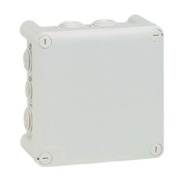 Plastic Box Plexo, 130Wx130Hx74D, 10glands ø4..25mm cable/tube, -25..40°C, PS, cover with 4x ¼ turn lock screw, temp. resistance 750°C, IP55 IK07, grey